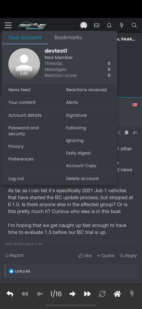 MachEforum - MachEforum app account and profile settings menu overlay