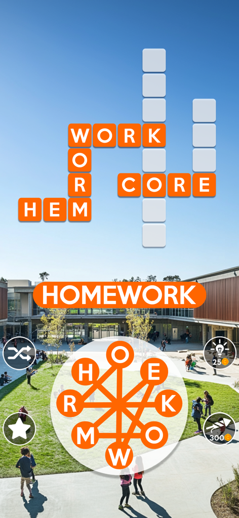 Gameplay of Wordscapes showing a crossword puzzle and a circular letter wheel over a campus landscape.