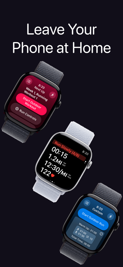 None to Run: Beginner, 5K, 10K - None to Run app interface on three Apple Watches showcasing workout stats and phone-free running features.