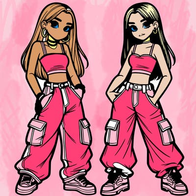 2 teen girls wearing baggy cargo jeans and crop tops