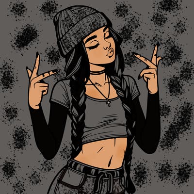 realistic teenage girl with braids and a beanie and crop top doing 🫶🏼