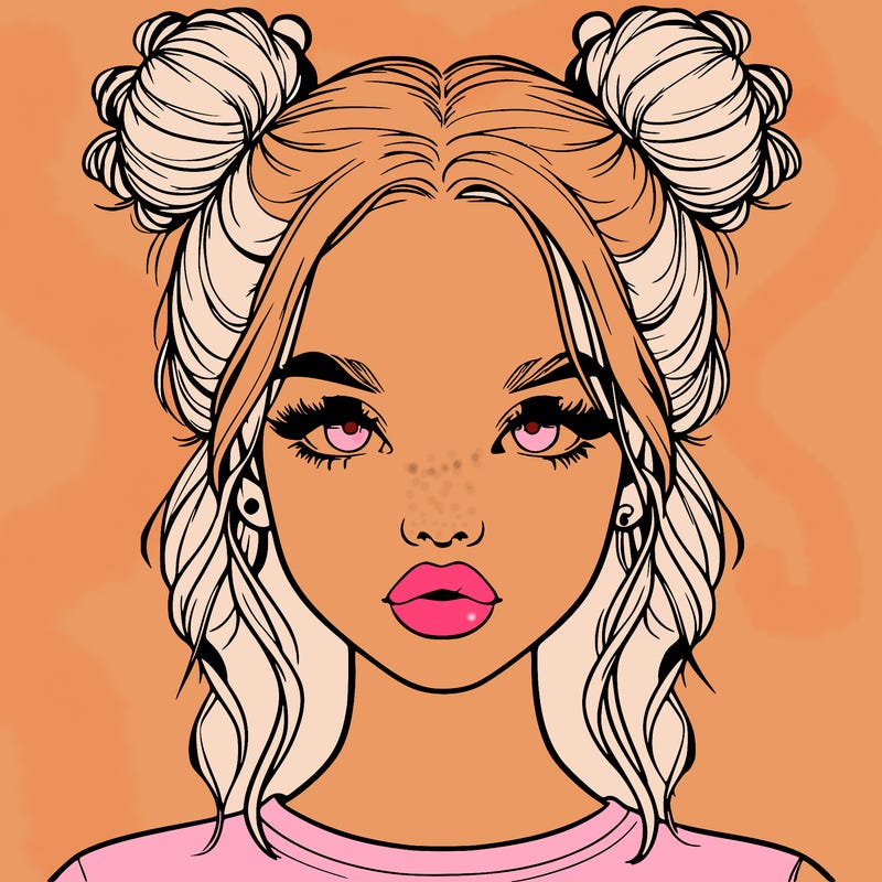 realistic girl with two buns in hair and lips