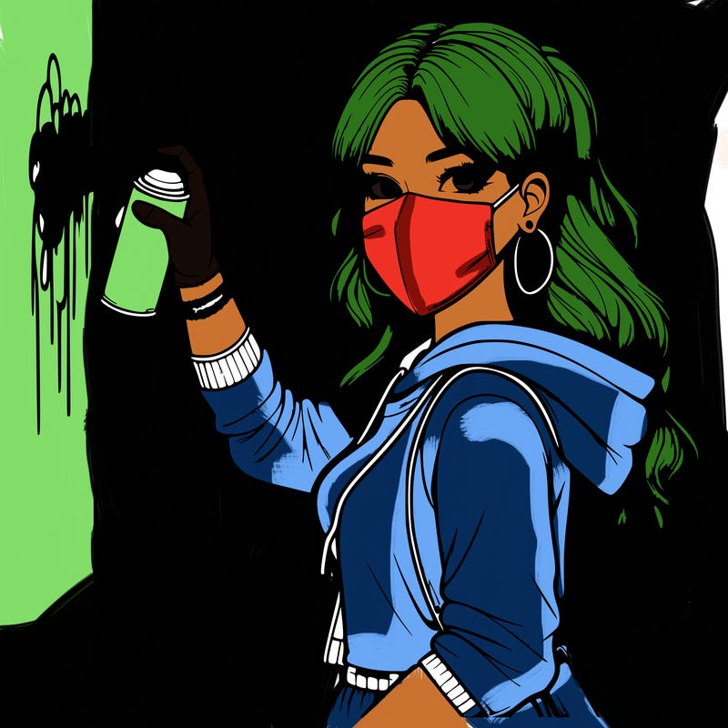 realistic girl with mask spray painting a wall