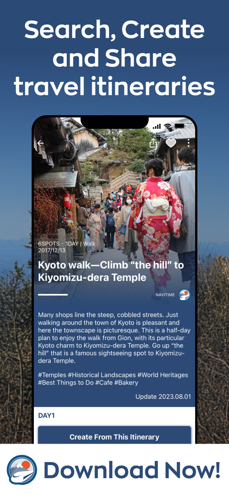 Japan Travel - Smart Transit - Smartphone screen showing a travel itinerary for a Kyoto walk to Kiyomizu-dera Temple on the Japan Travel app