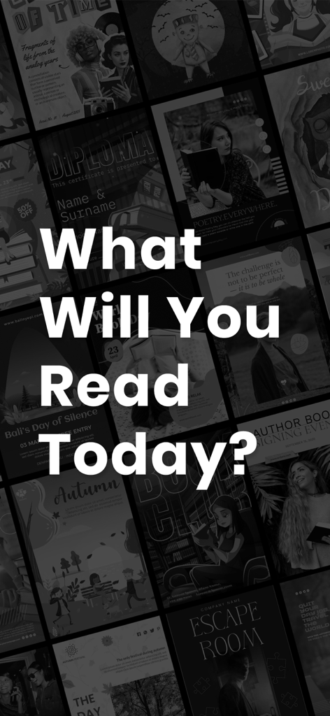 Text Story - chat stories read - Una cuadrícula en blanco y negro de varias portadas de historias con el gran texto ¿Qué leerás hoy?