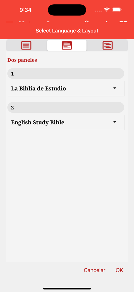 La Biblia de Estudio - Pantalla de selección de diseño bilingüe en la aplicación La Biblia de Estudio que muestra opciones de estudio paralelo en español e inglés