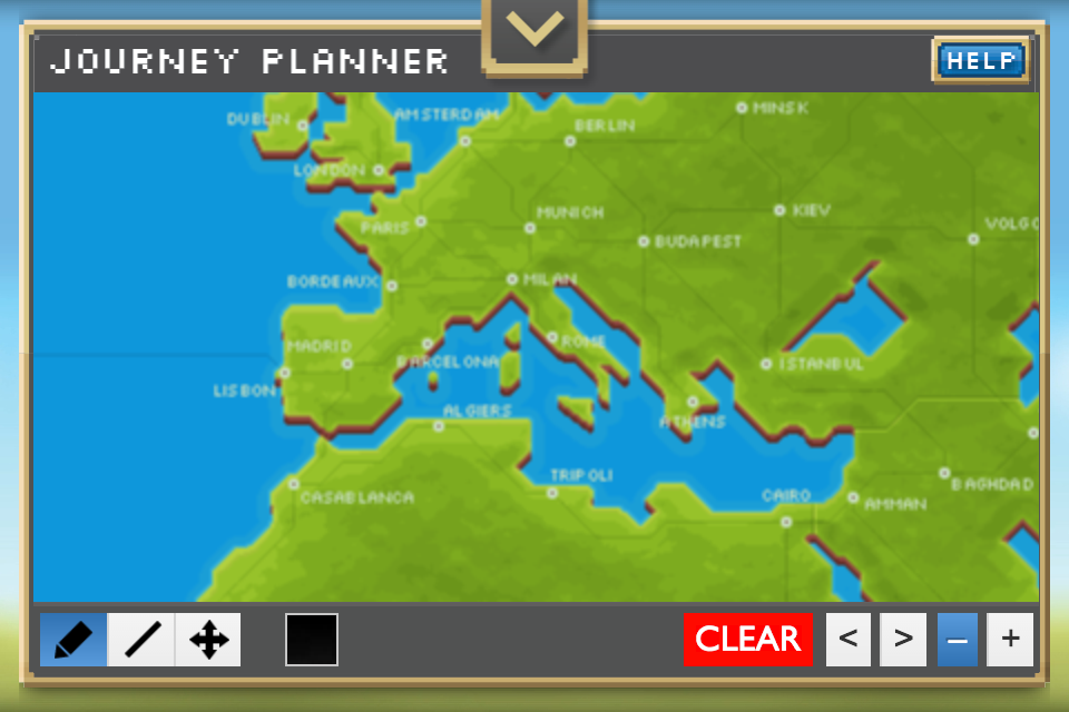 The Official Guide to Pocket Trains - A pixel art world map within the Journey Planner feature of the Pocket Trains official guide app showing European and African cities