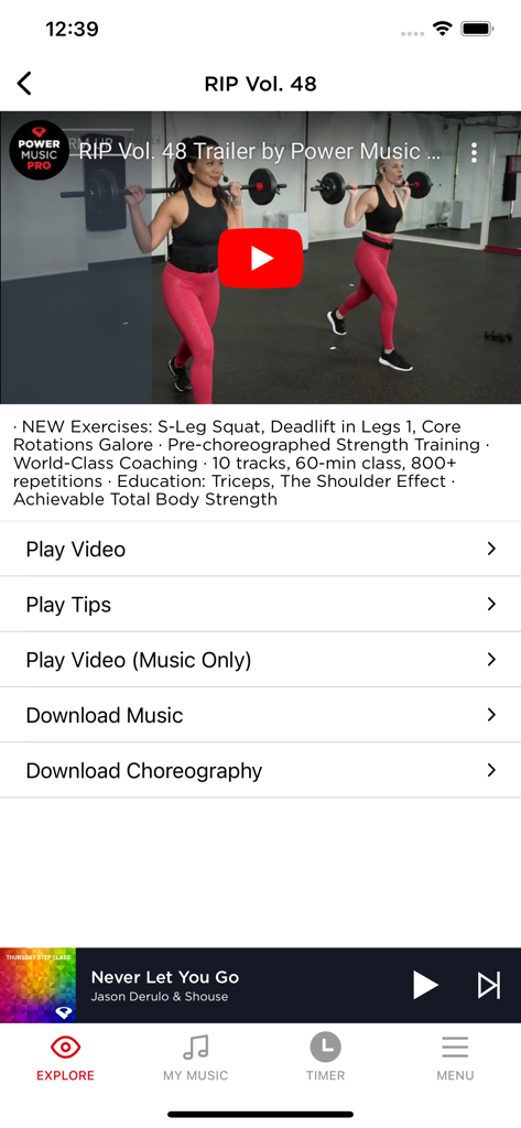 PowerMusicNow - Mobile app screen showing a fitness training video with choreography download options and exercise descriptions