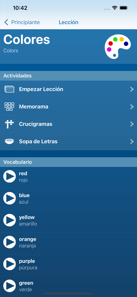 Interfaz de la aplicación de aprendizaje de idiomas de inglés que muestra una lección sobre colores con vocabulario y juegos