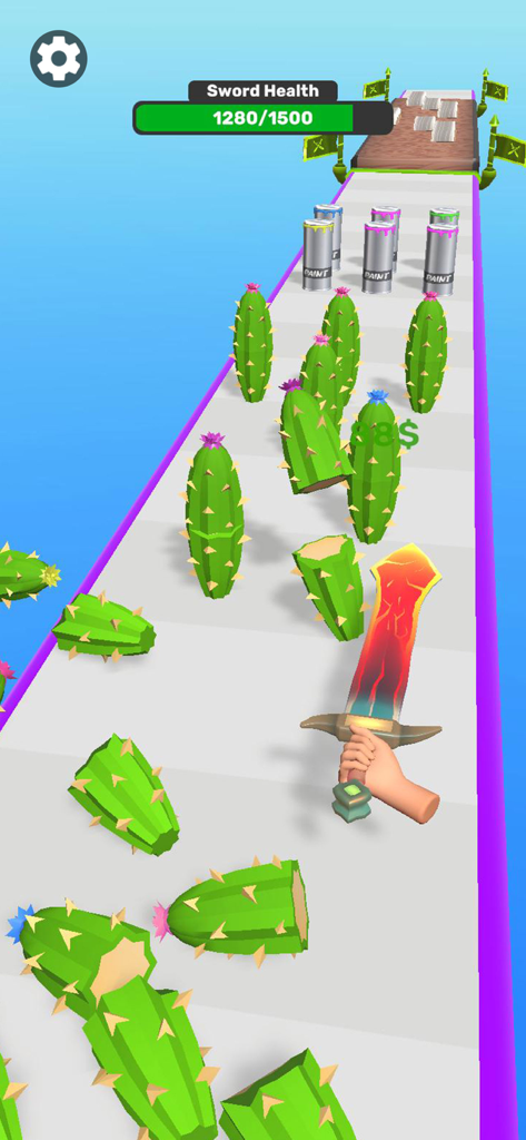 Action sequence in Sword Melter where a hand-held glowing sword cuts through cacti obstacles on a track