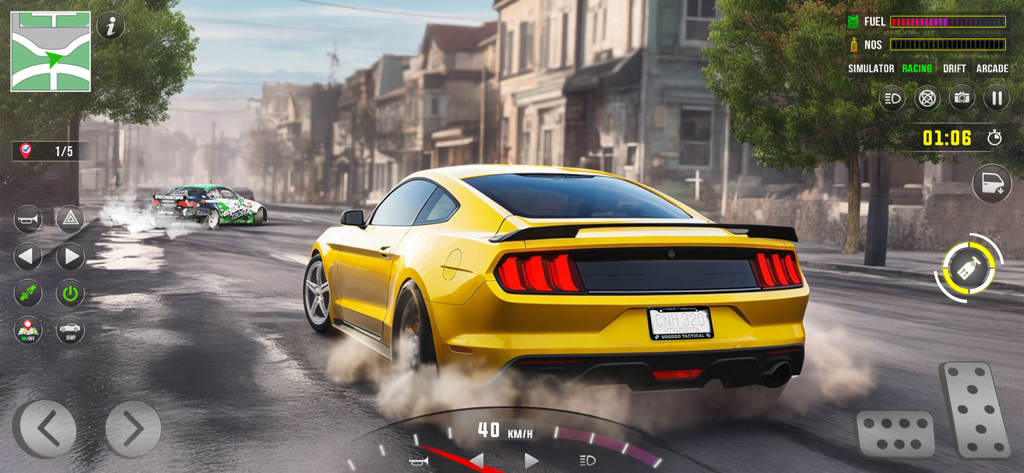 Drift Car Racing Driving Games - Un coche deportivo amarillo realizando un derrape en una calle de la ciudad en un simulador de carreras móvil.