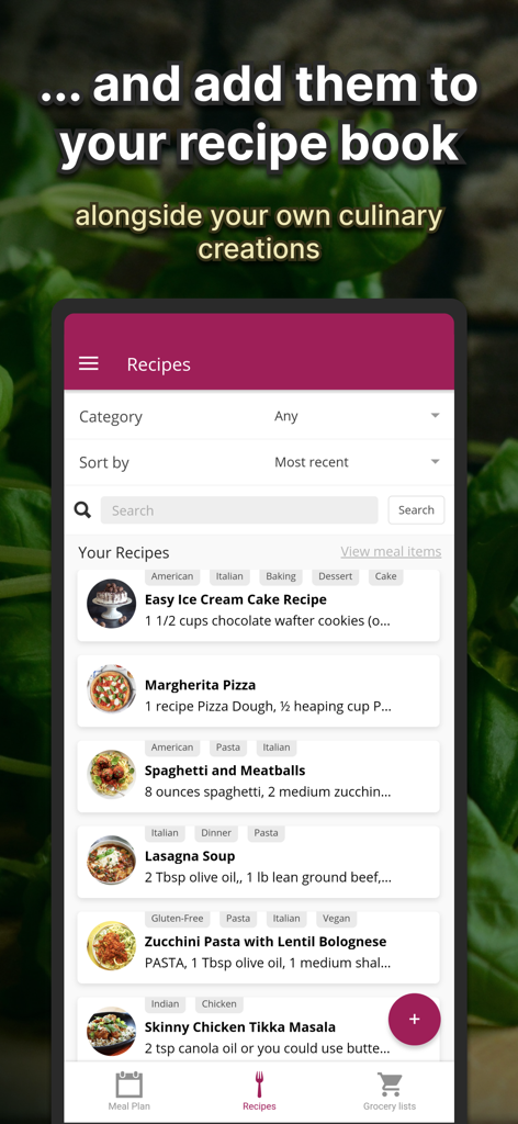 Interfaz de la aplicación móvil que muestra un libro de recetas digital con comidas categorizadas como pizza y pasta.