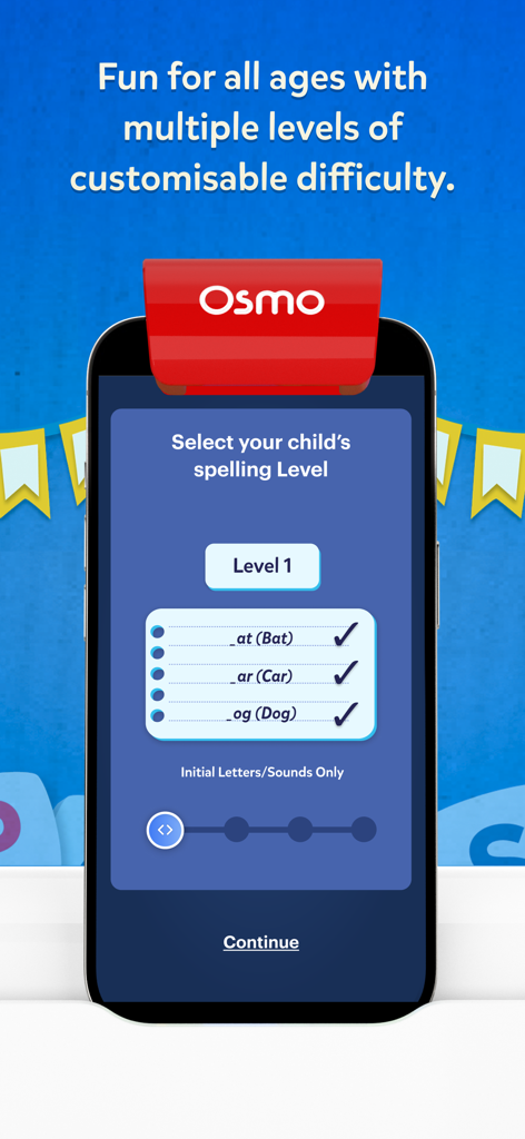 Osmo Words app interface for selecting spelling difficulty levels for children