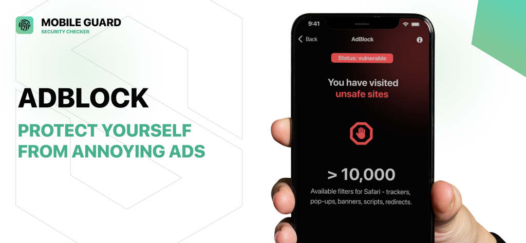 Mobile Guard: Security Checker - Mobile Guard app interface showing AdBlock protection status and security alerts on a smartphone