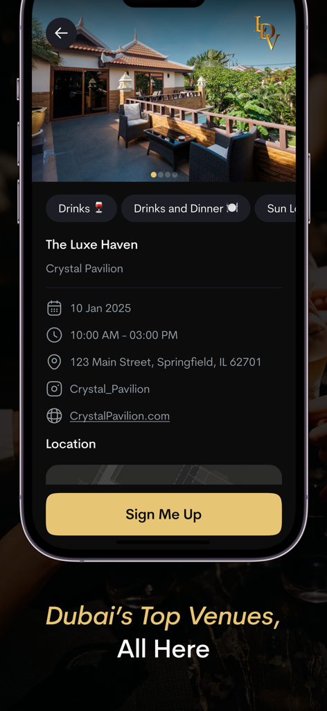 La dolce vita entertainment - Interfaccia dell'app mobile che mostra i dettagli della prenotazione di locali di lusso per eventi esclusivi a Dubai