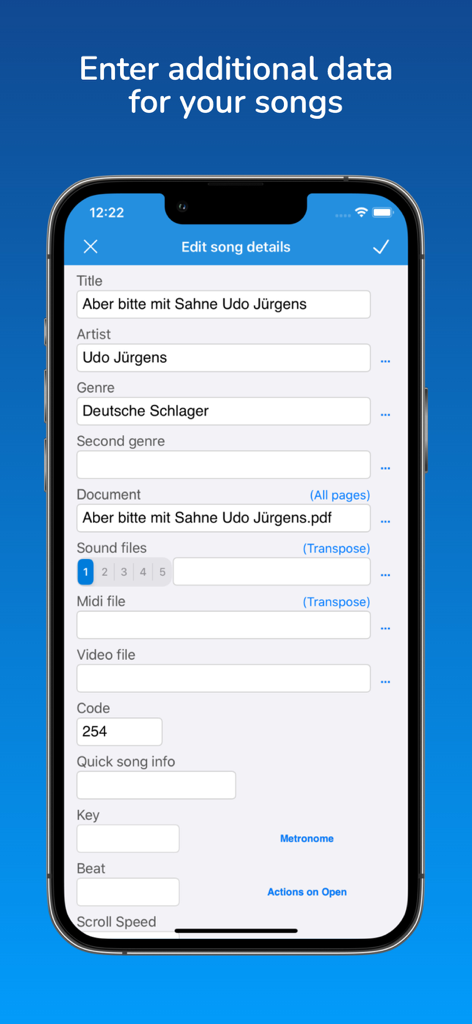 SongBook+ - Interfaz de la aplicación SongBook plus para editar detalles de la canción, incluyendo artista, género y archivos adjuntos.