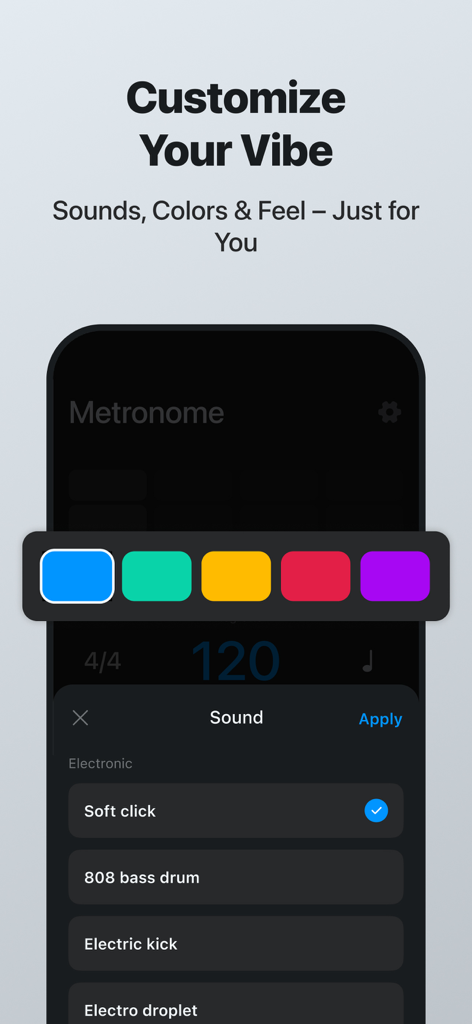 Metronome - BPM Counter - Customization settings in the Metronome app showing options for different click sounds and interface colors.