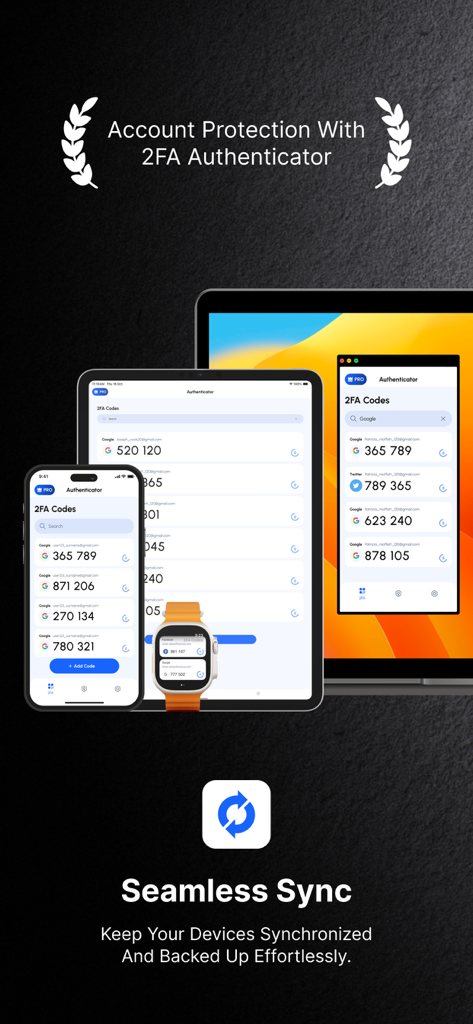 2FA Authenticator™ MFA Authy - 2FA Authenticator app displaying synchronized security codes across iPhone iPad Mac and Apple Watch