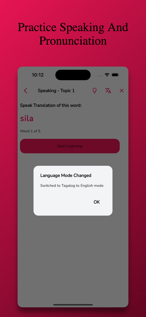 Tagalog Learning - Beginners - Tagalog learning app interface showing a speaking and pronunciation practice exercise for beginners