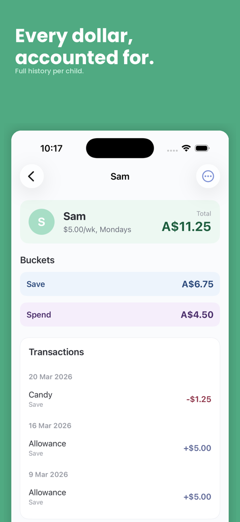 AllowanceKit - A screenshot of the AllowanceKit app showing a child's profile with their total balance, save and spend buckets, and recent transaction history.