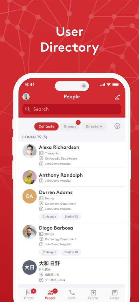 Join - Medical Communication - Interface of the Join app showing a searchable directory of medical professionals and their clinical departments.