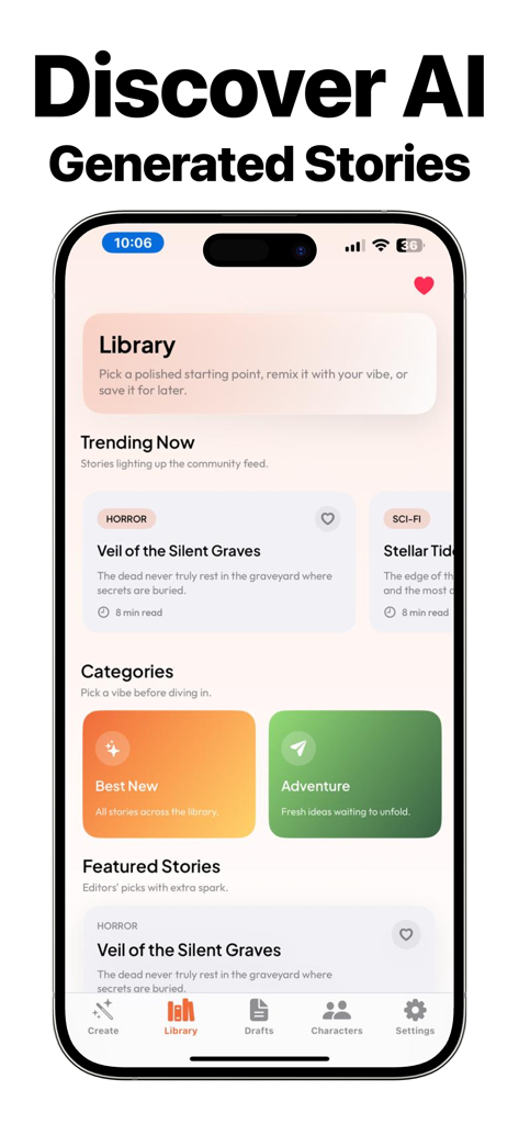 Novel AI - Story Generator - Interfaz de la aplicación Novel AI que muestra una biblioteca de historias generadas por IA con secciones de tendencias y destacadas.