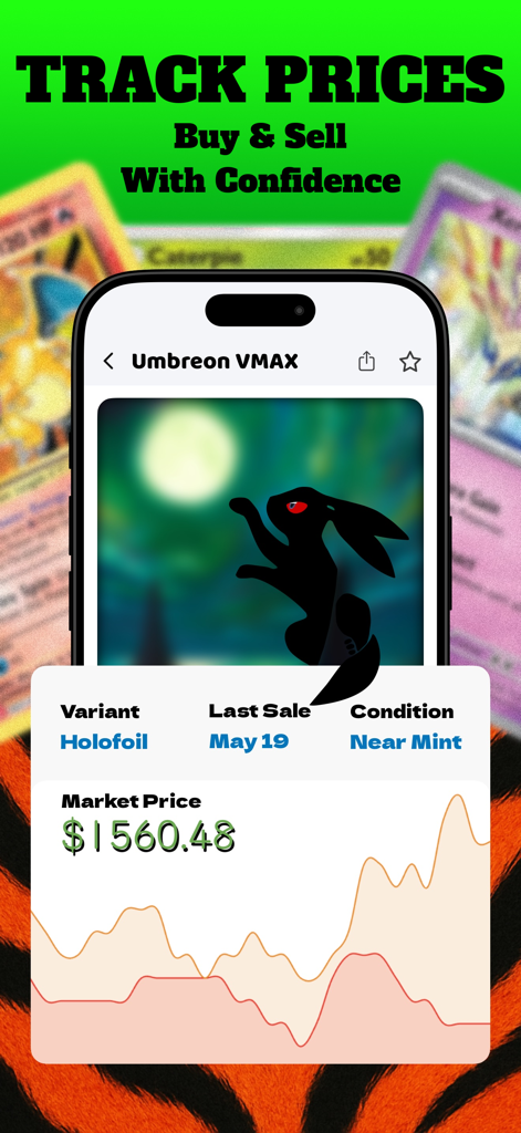 Une interface d'application mobile montrant le graphique des prix du marché historiques et la valeur actuelle d'une carte Pokémon Umbreon VMAX