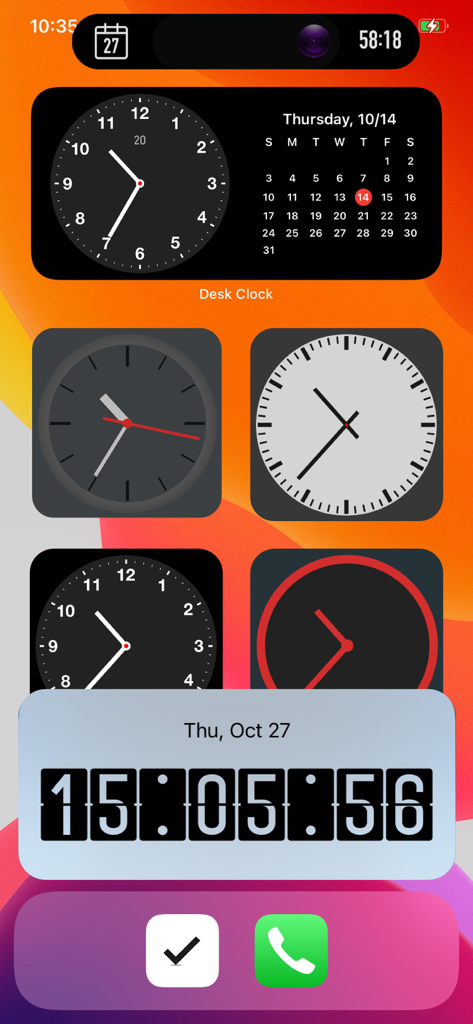 Desk Clock - Analog Clock Face - Una pantalla de inicio de iPhone que muestra diferentes widgets de reloj analógicos y digitales con un calendario.