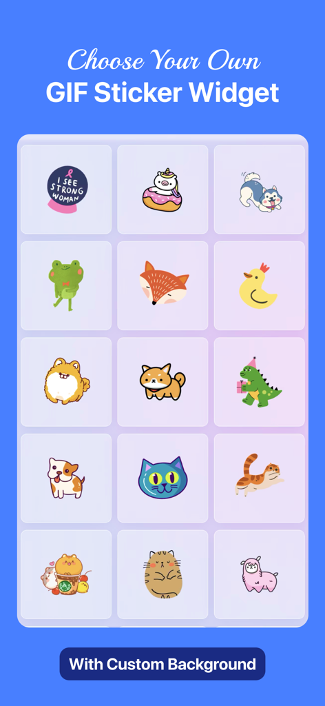 Lively Widget - 5000+ Designs - Uma grade de adesivos GIF animados coloridos e fofos com animais e personagens para widgets personalizados do iOS