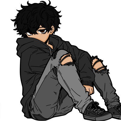 a male hoddie ripped jeans messy hair anime