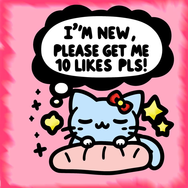 kitty taking a nap dream talking and saying "i'm new, please get me at least 10 likes pls!!"