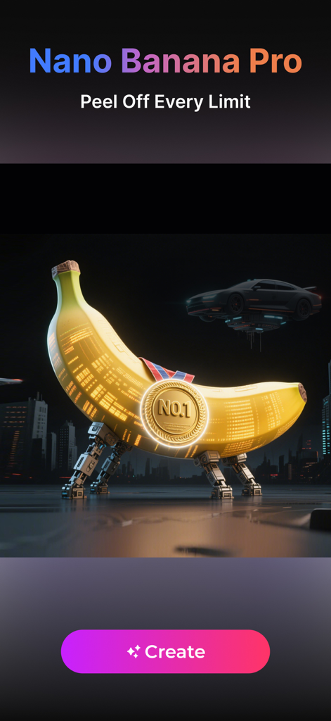 Pollo AI - AI Video Generator - A futuristic robotic golden banana with a first place medal in a cyberpunk city.