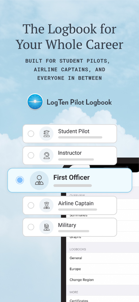 LogTen Pilot Logbook - LogTen Pilot Logbook app screen showing career options for student pilots, instructors, first officers, captains, and military pilots