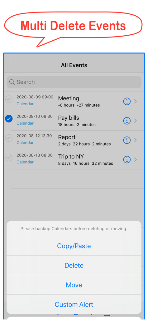 Calendar Tools - Calendar Tools mobile app interface showing the multi delete events feature and bulk management options