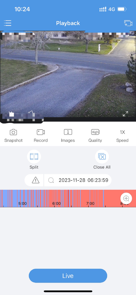 InVid Vision - InVid Vision app playback screen showing recorded security footage of an outdoor driveway with timeline and control buttons