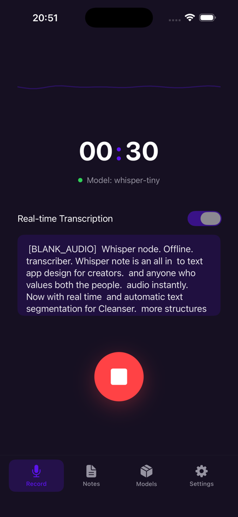 WhisperNotes mobile app showing real-time offline transcription during an active recording session