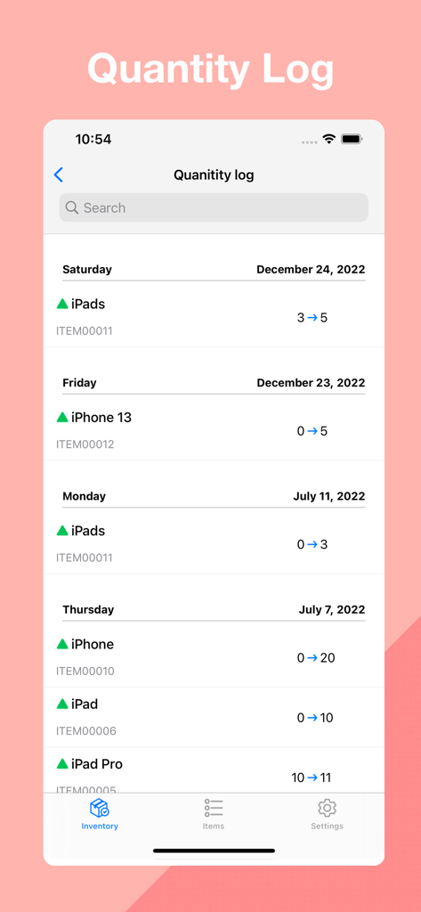 Inventory Easy - Stock Tracker - Quantity log screen showing historical stock updates for electronic items like iPhones and iPads