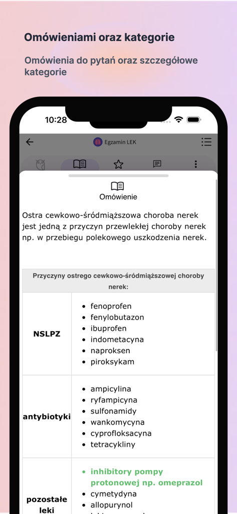 Egzamin LEK - Schermata di spiegazione medica nell'app Egzamin LEK che mostra le cause di malattia renale indotta da farmaci.