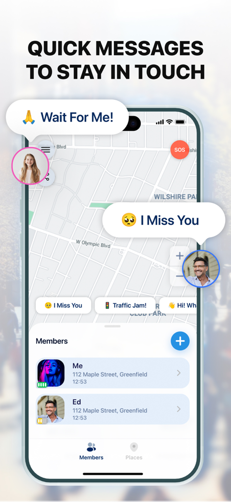 Tela do aplicativo Encontre Minha Família mostrando balões de mensagens rápidas e rastreamento de localização em tempo real em um mapa