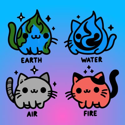 4 cats that represent the different elements, earth, water, air, and fire