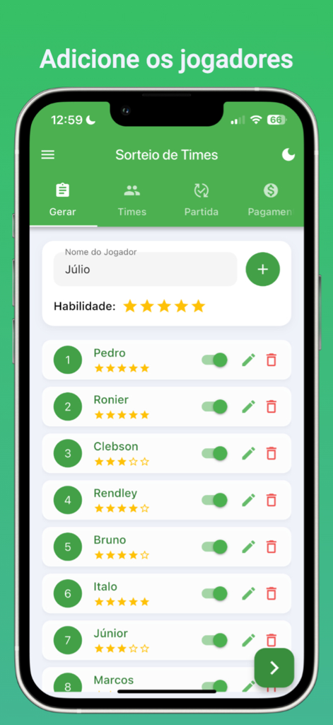 Mobile app interface showing a list of soccer players with star ratings for skill level and an option to add new participants.