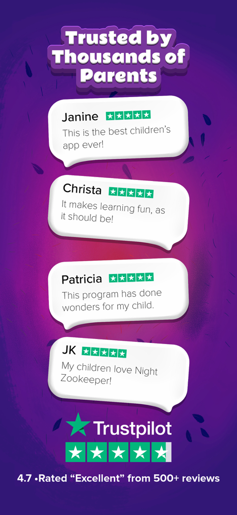 Night Zookeeper - Fun Learning - Testimonials from parents and Excellent Trustpilot rating for the Night Zookeeper educational app