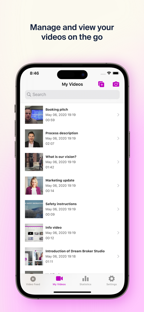 Dream Broker Studio - Dream Broker Studio mobile app interface showing a list of corporate videos like marketing updates and pitches