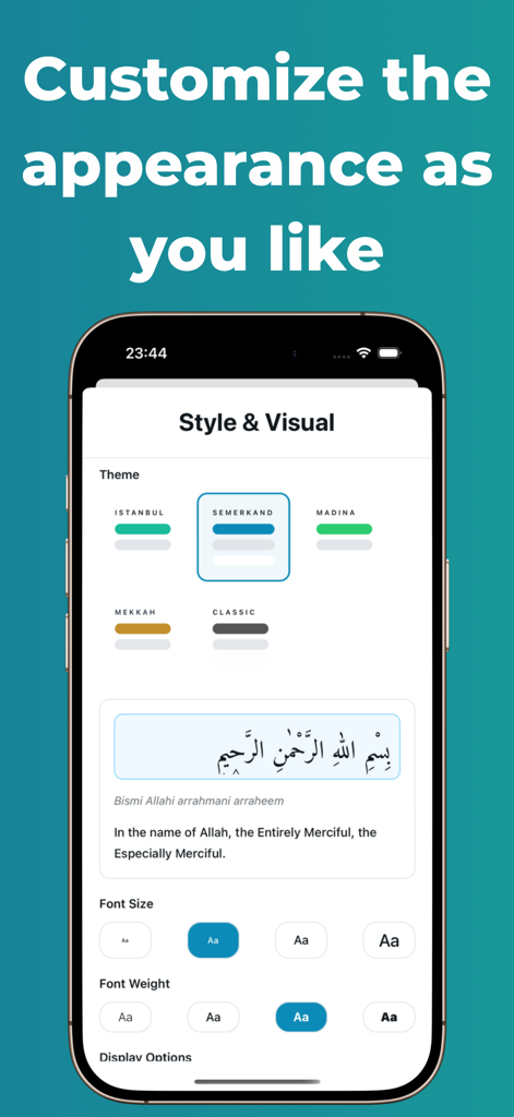 Interface of the Holy Quran app showing visual customization options including themes font size and font weight.