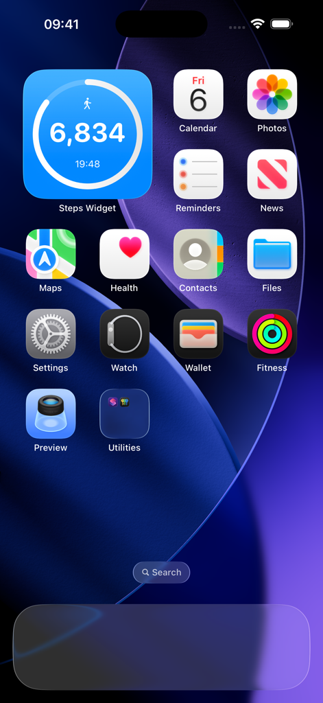 Steps Widget - Walking Tracker - Una pantalla de inicio de iPhone minimalista con un widget grande y azul de seguimiento de pasos que muestra 6.834 pasos entre otros iconos de aplicaciones.