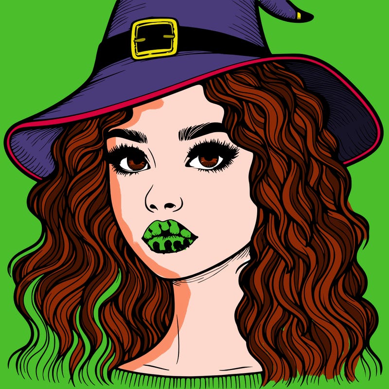 realistic girl with wavy hair a witch hat and a nose and lips and eyes