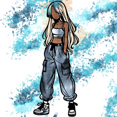 girl in baggy pants crop top and long hair