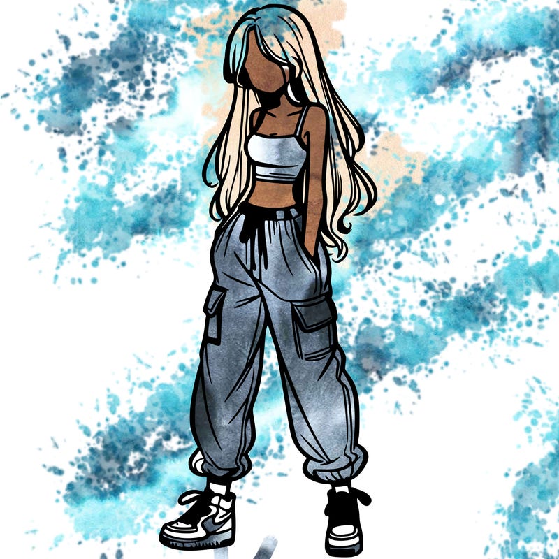 girl in baggy pants crop top and long hair