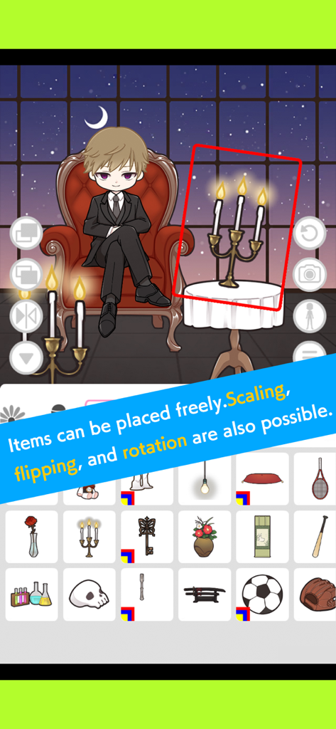 Black Lollipop Boys : OC Maker - Original character creation screen showing item placement and scaling features in the app.