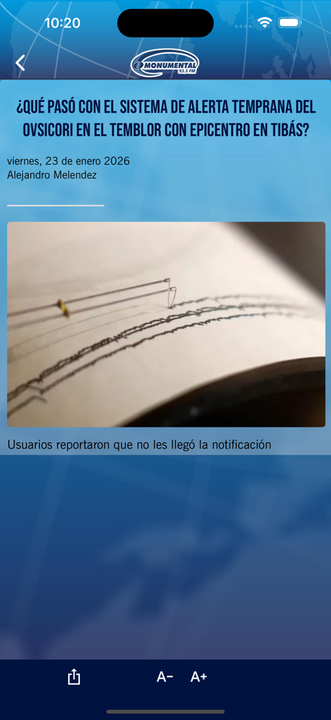 Radio Monumental 93.5 FM - Radio Monumental app displaying a news article about an earthquake early warning system in Costa Rica